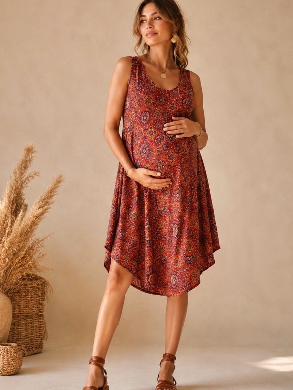 Organic Viscose Boho Maternity & Postpartum Retro Print Midi Summer Dress S/M